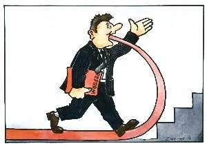Cartoon of an official striding forward along a road that loops back to the step he started from