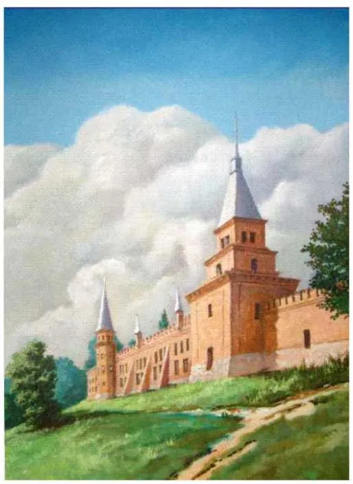 Oil painting of the Popov Manor in Vasylivka, its brick turrets rising against tall white clouds