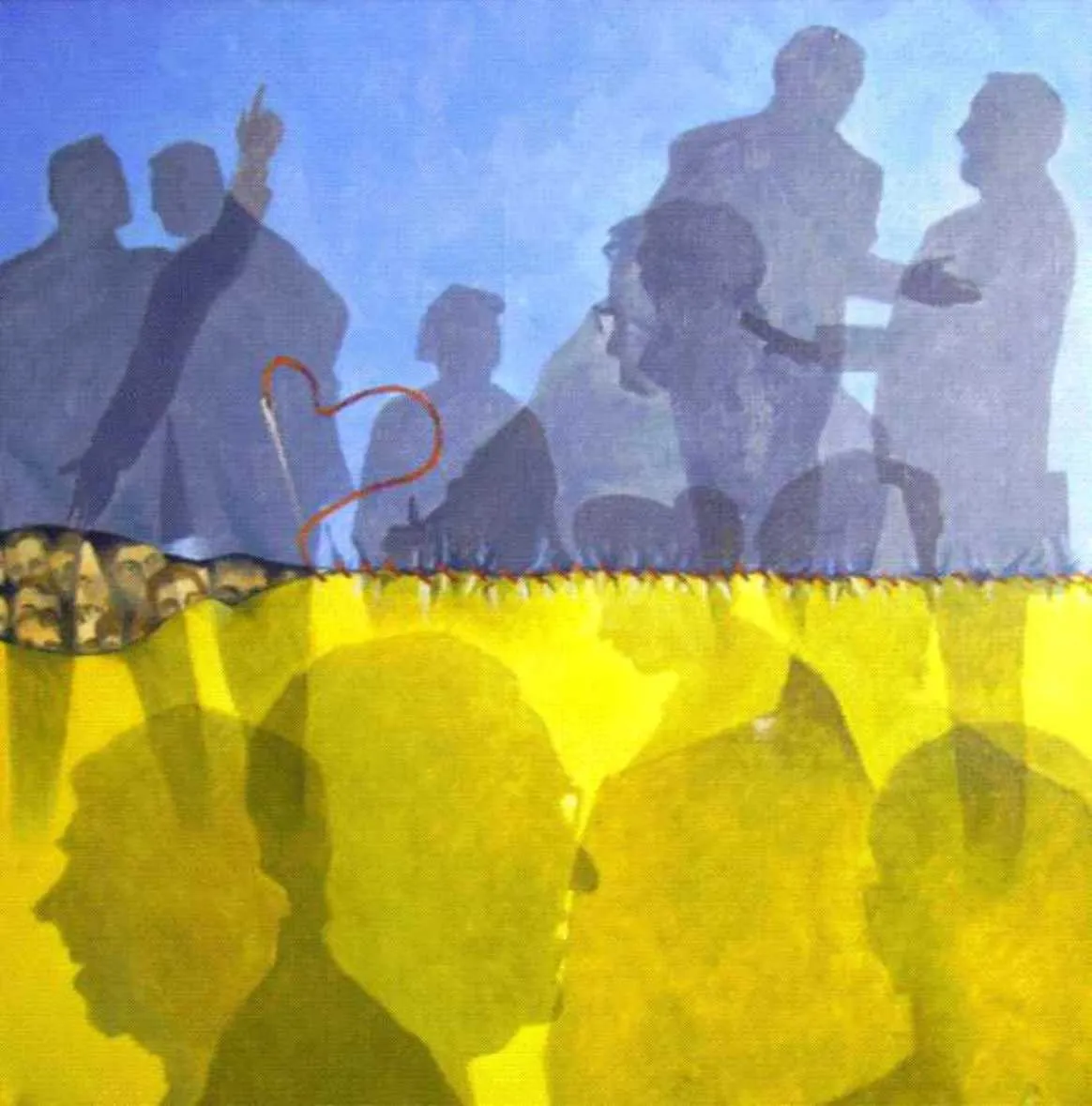 Oil painting of a crowd rendered as flat silhouettes, blue above and yellow below, a red heart passed between two of them